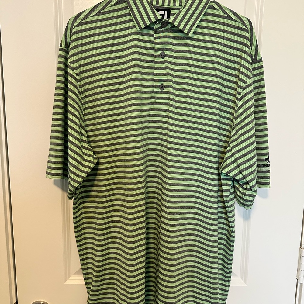 Footjoy FJ Mens Sz L Green Stripe Polo Golf Shirt Embroidered Logo